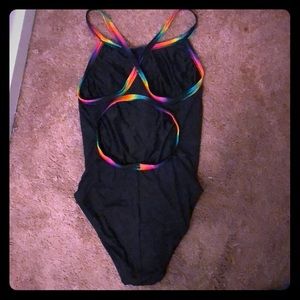 Black racing swimsuit with rainbow trim